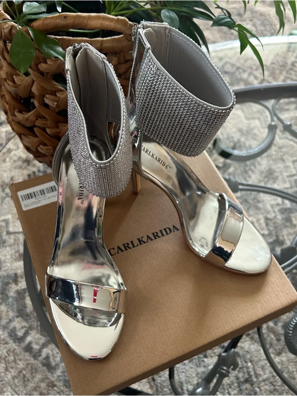 Carlkarida Silver Crystal Ankle-Cuff Stiletto Sandals